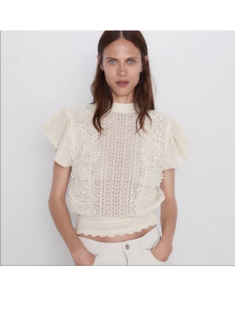 Zara Cream Crochet Lace Short Sleeve Top